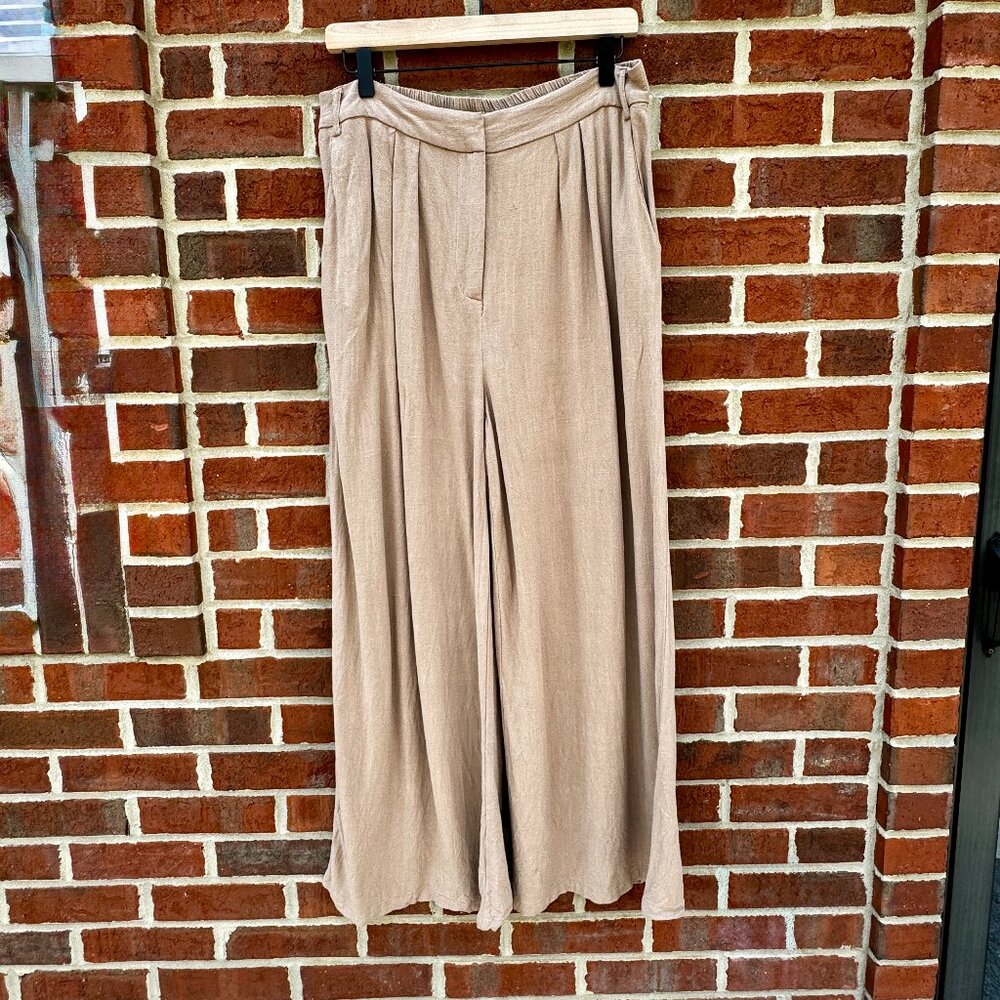 Anrabess Wide Leg Pants Womens Large Tan Linen Blend Pleated Boho Lagenlook